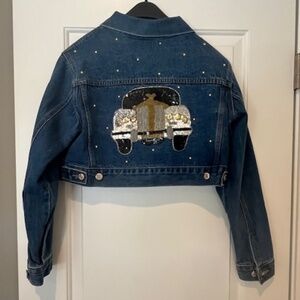 Vtg Y2K Fredericks Of Hollywood Sequined Car Studded Crop Denim Jacket Sz M